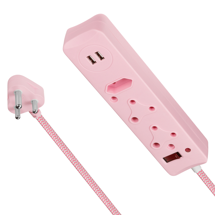 Switched 3 Way Surge Medium Multiplug with Dual USB Ports 3M  Pink