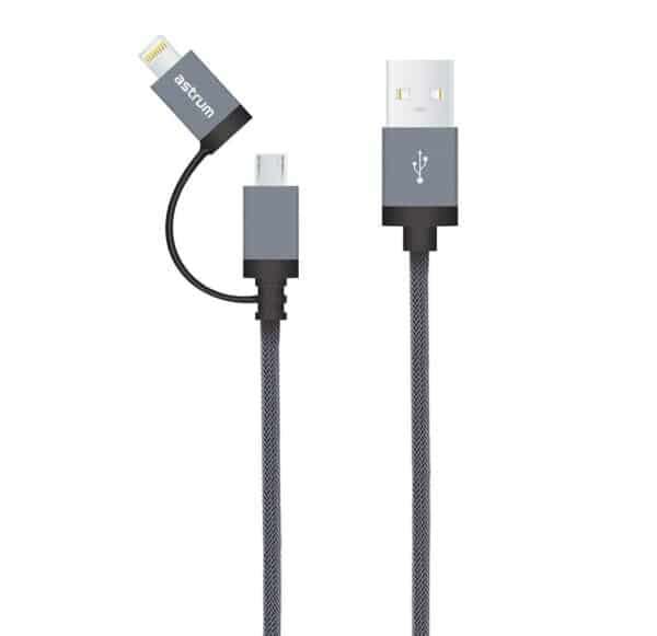 Astrum 2 in 1 Usb to Apple 8 pin Lightning + Micro Usb MFI Cable Braided AC330 1.2 meters