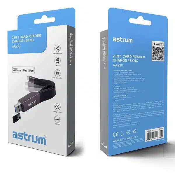 Astrum Usb to Apple 8 pin Lightning Card Reader MFI AA230 Black / Grey
