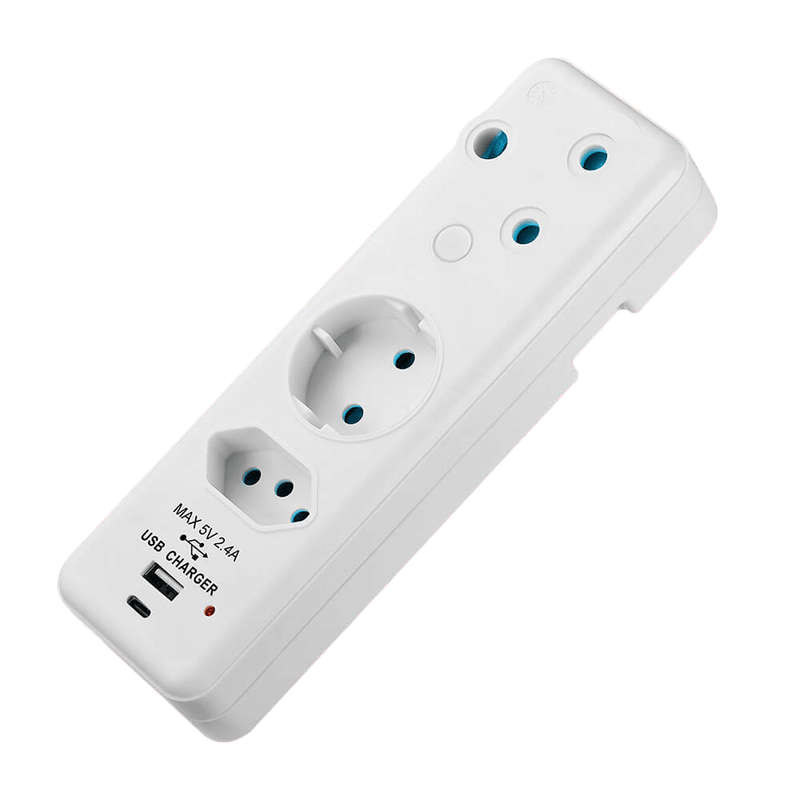 Switched 3 Way Schuko Adaptor with type C + USB- White