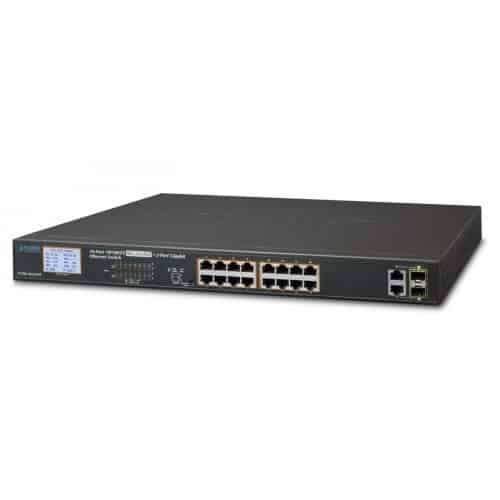 Planet 16-Port 10/100TX 802.3at PoE + 2-Port Gigabit TP/SFP Combo Ethernet Switch With LCD PoE Mo...