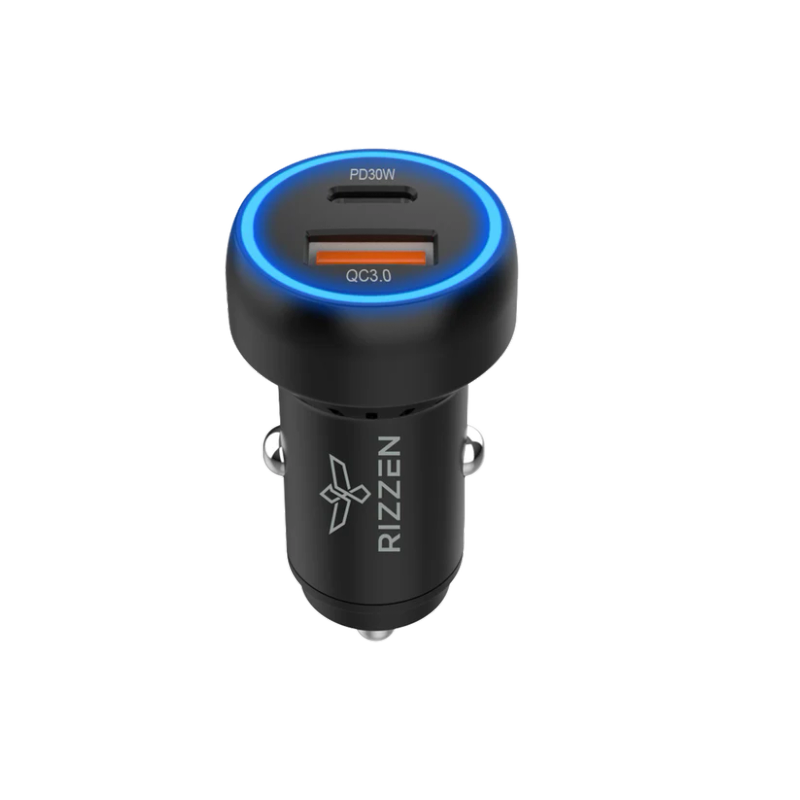 Rizzen 48W Rapid Vehicle Charger - Output: USB-A QC18W, USB Type-C PD 30W