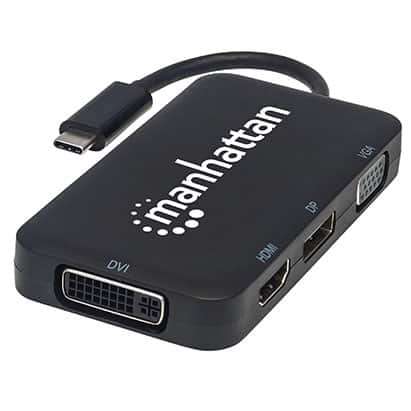 Manhattan USB-C 4-in-1 Audio/Video Converter - USB 3.1 Type-C Male to HDMI/DP/VGA/DVI Female, Bla...