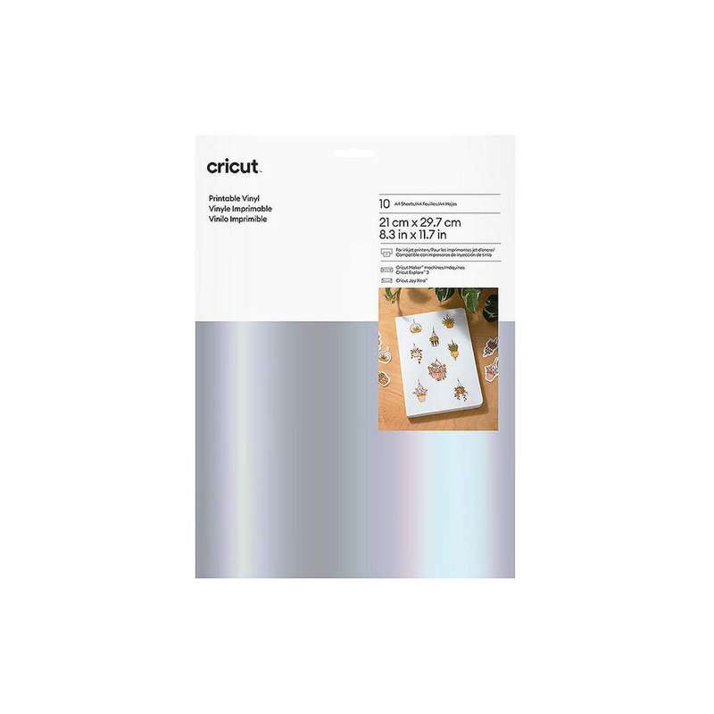 Cricut Printable Vinyl Silver; 10 sheets 8.3 in x 11.7 in (21 cm x 29.7 cm); Requires inkjet prin...