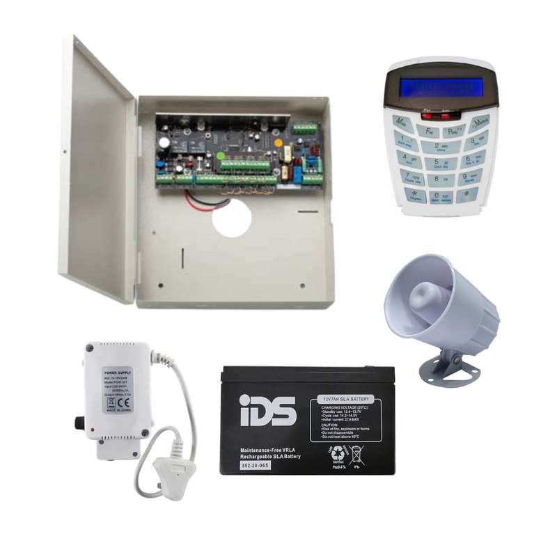 IDS X64, 8 Zone, Curve LCD Keypad, 15W Siren, 40VA PSU, 12V Batt