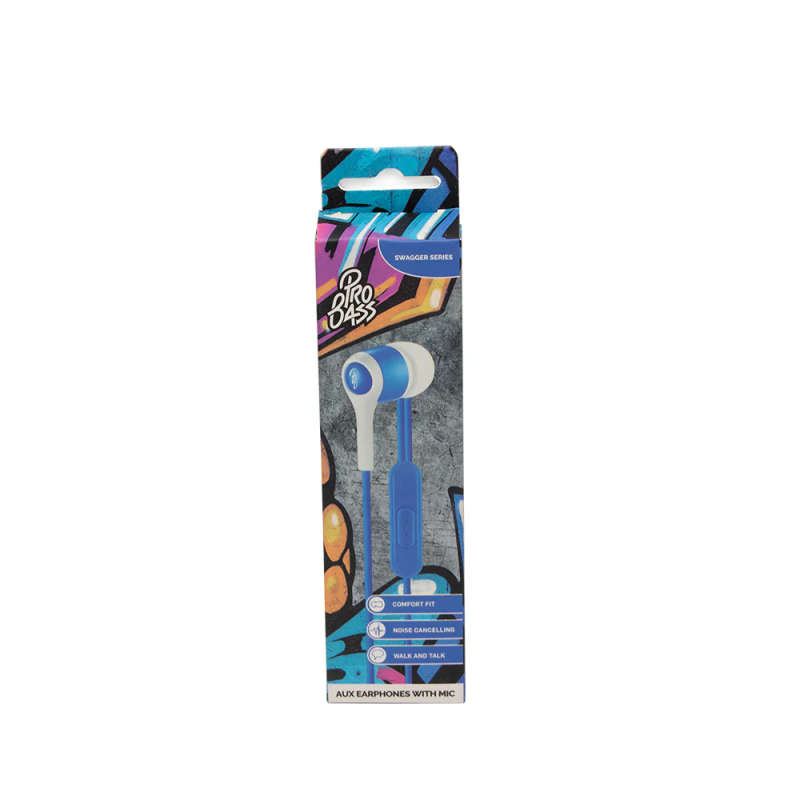 Pro Bass Swagger 2.0 Series- Boxed Auxiliary earphone with Mic- Blue