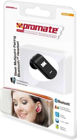 Promate Atom Sleek Multipoint Pairing Bluetooth 3.0 Headset/Earphone-Black