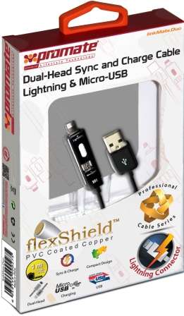 Promate LinkmateDuo Dual-ended Charge and  Sync cable for Apple Lightning and Micro-USB Devices