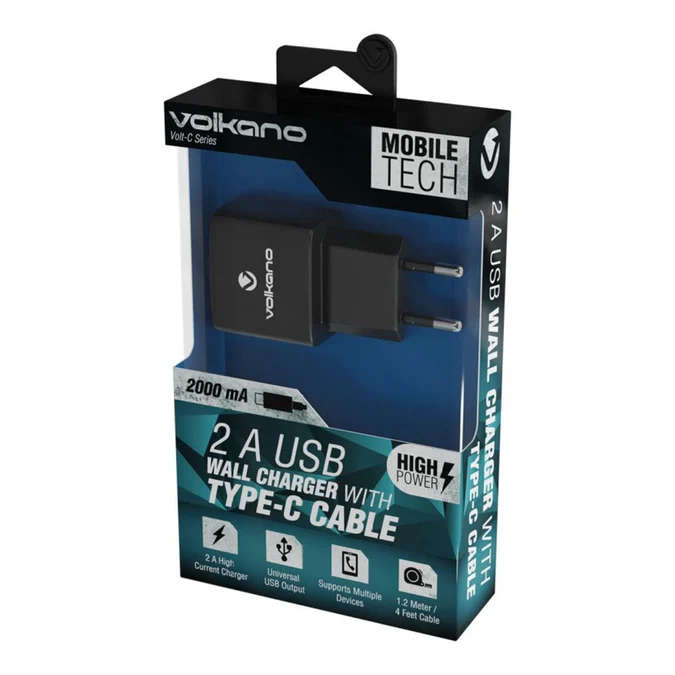 Volkano Volt-C series 2A USB Wall Charger with USB Type-C cable includ