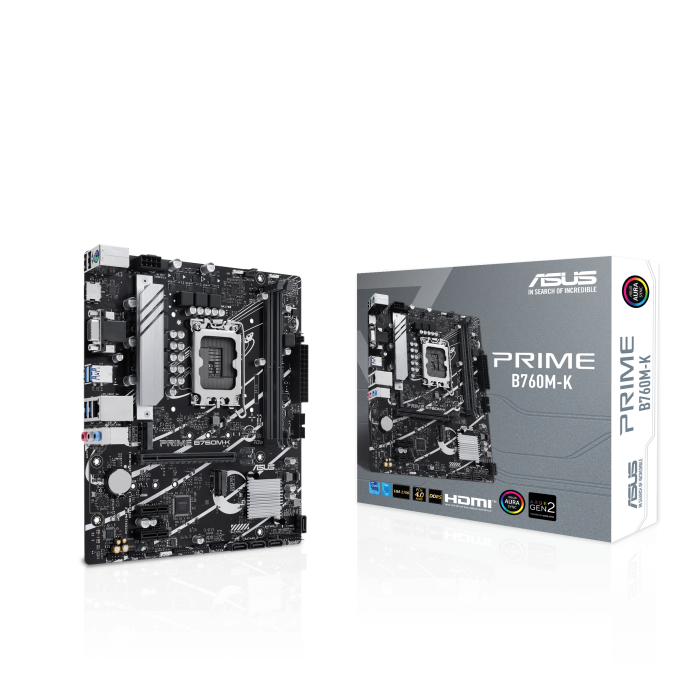 Asus Prime B760M-K, an Intel B760 LGA 1700 mATX motherboard with PCIe 4.0, two PCIe 4.0 M.2 slots...