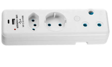 Ellies 3 Way Schuko Adaptor with type C + USB- White