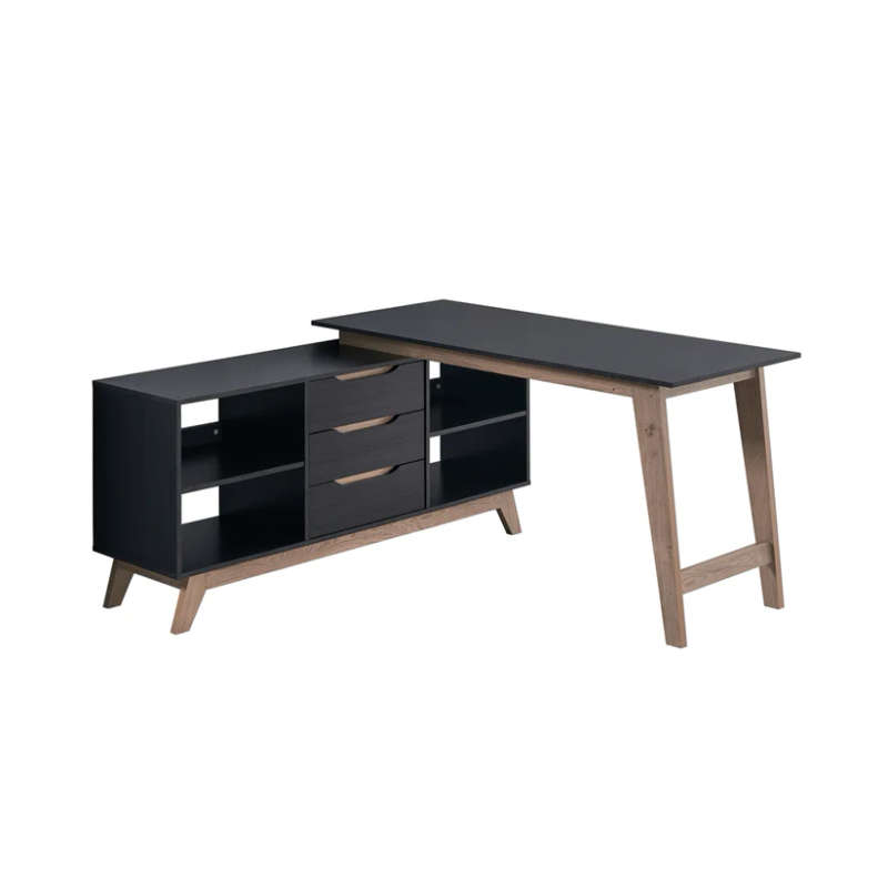 Everfurn Premium Lunar Office Desk - Black L-Shaped Desk With Storage