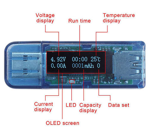 OLED USB Voltmeter & Current Capacity Tester