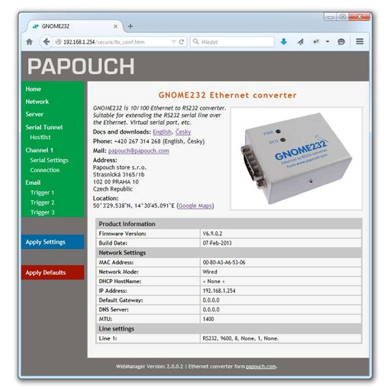 GNOME232: Ethernet to RS232 converter