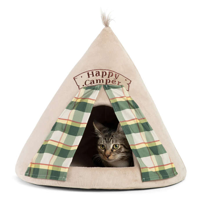 Meow Hut Happy Camper Cat Bed - Wheat