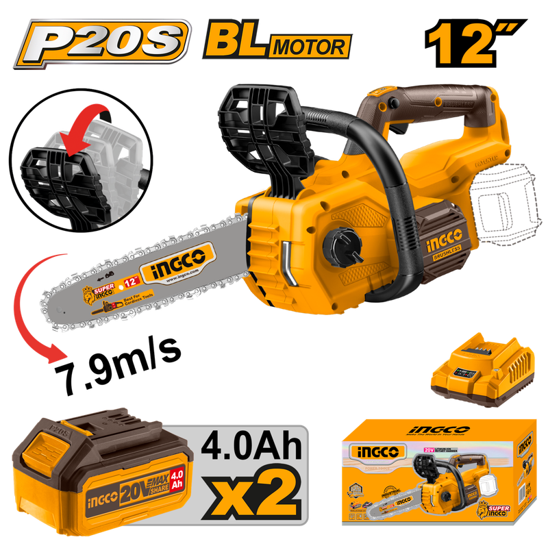 Ingco 20v Lithium-ion Chain Saw 12" Kit With Batteries And Charger