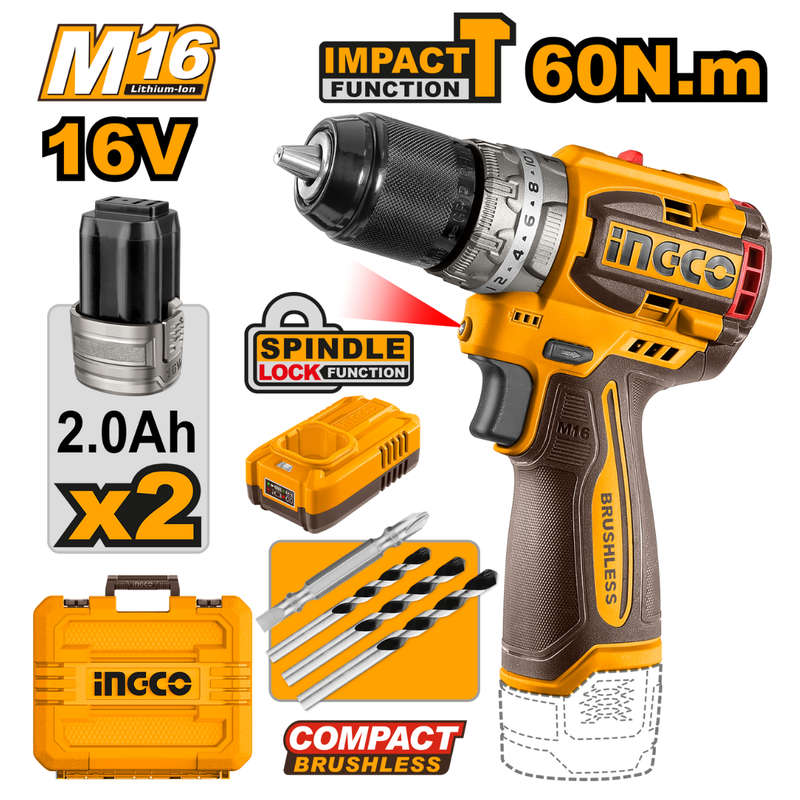 Ingco Cordless Impact Drill 60nm 16v Kit