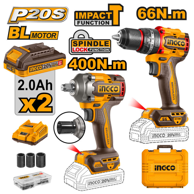 Ingco Cordless Impact Drill (66nm) And Impact Wrench 20v Kit