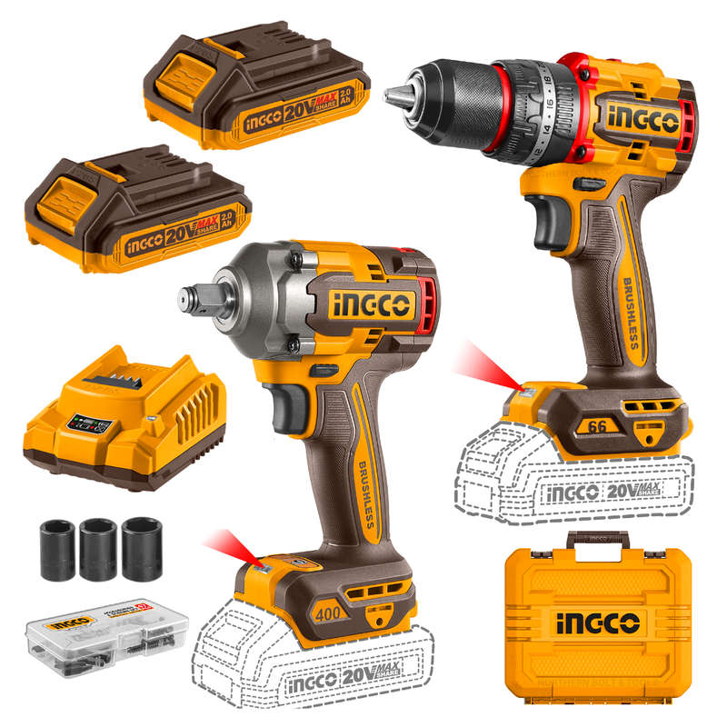 Ingco Cordless Impact Drill (66nm) And Impact Wrench 20v Kit