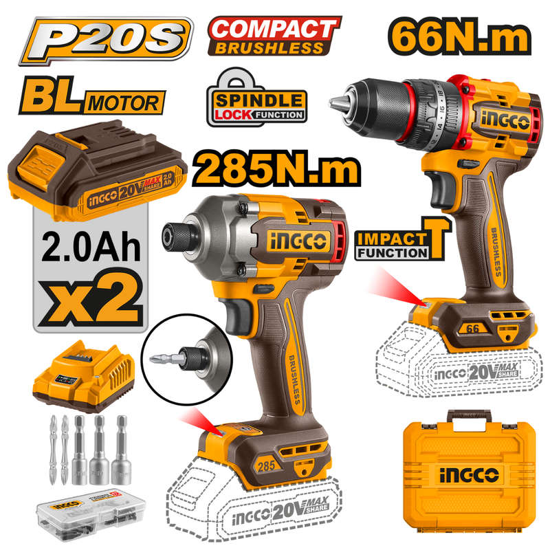 Ingco Cordless Impact Driver And Impact Drill (66nm) 20v Combo Kit