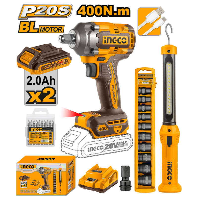 Ingco Cordless Impact Wrench 400nm & Work Lamp Combo Kit