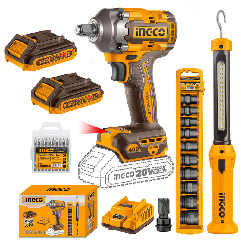 Ingco Cordless Impact Wrench 400nm & Work Lamp Combo Kit