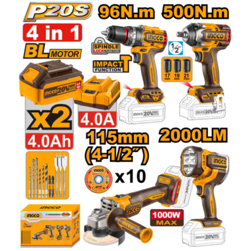 Ingco 4 In 1 Cordless Combo Kit 20v