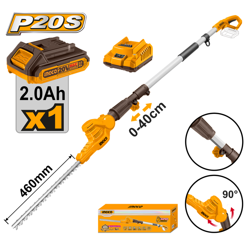 Ingco Cordless Pole Hedge Trimmer 20v Lithium-ion