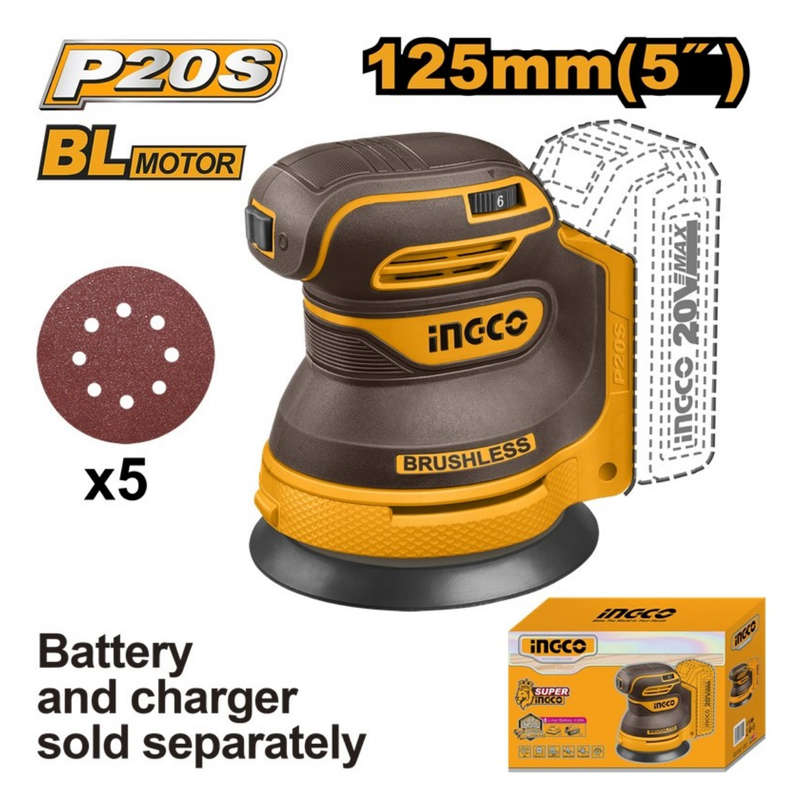 Ingco Cordless Random Orbit Sander 125mm 20v (tool Only)