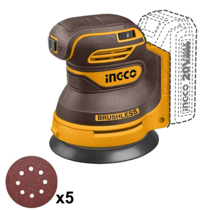 Ingco Cordless Random Orbit Sander 125mm 20v (tool Only)