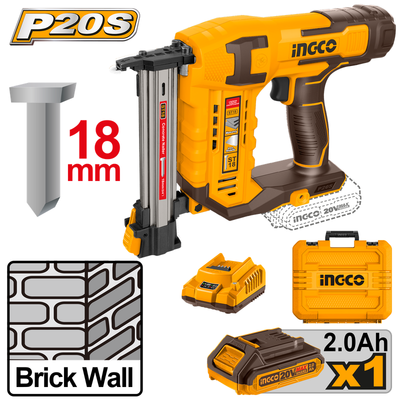 Ingco 20v Ps+ C/l Brick Nailer St18m +acc Kit