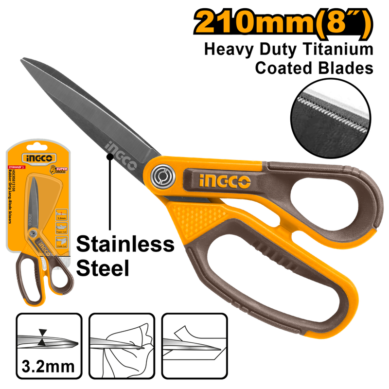Ingco Rubber Grip Long-blade Scissors 210mm