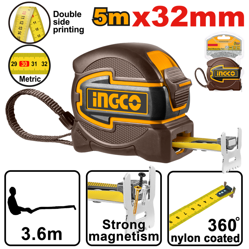 Ingco T/measure Steel R/case 5mx32mm Mag Dbl Hook