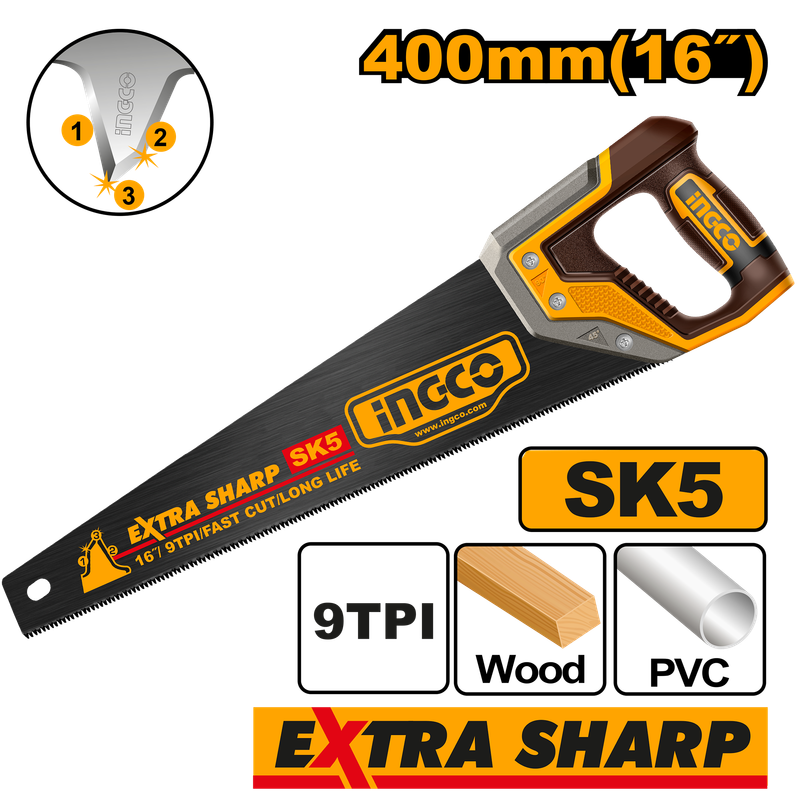 Ingco Saw Hand 400mm 9tpi X Sharp Bld Sk5