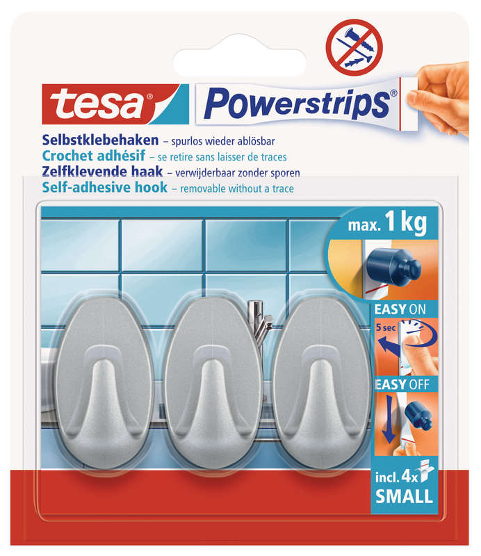 Tesa Tesa Powerstrips Hooks Small Oval 3 Hooks/ 4 Strips Chrome Matt (ip 6)