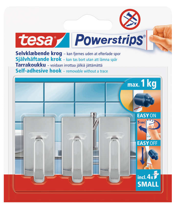 Tesa Tesa Powerstrips Hooks Small Rectangular Classic 3 Hooks/ 4 Strips Chrome (ip 6)