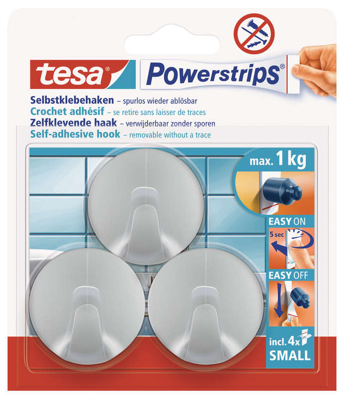 Tesa Tesa Powerstrips Hooks Small Round 3 Hooks/ 4 Strips Chrome Matt (ip 6)