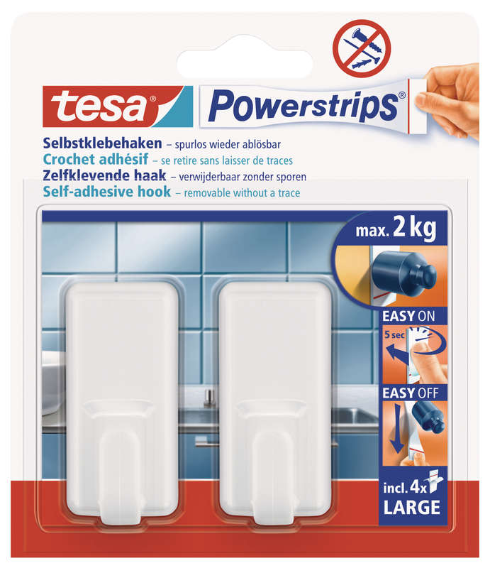Tesa Tesa Powerstrips Hooks Large Rectangular Classic 2 Hooks/ 4 Strips White (ip 6)