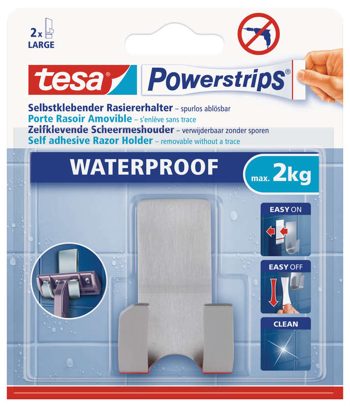 Tesa Tesa Powerstrips Waterproof Razorholder Metal 1  Hook/ 2 Strips Stainless Steel