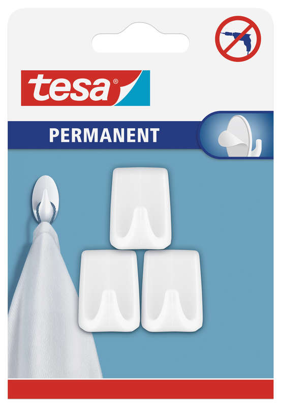 Tesa Tesa Permanent Hooks Rectangular S White 3 Hooks/ 4 Strips White
