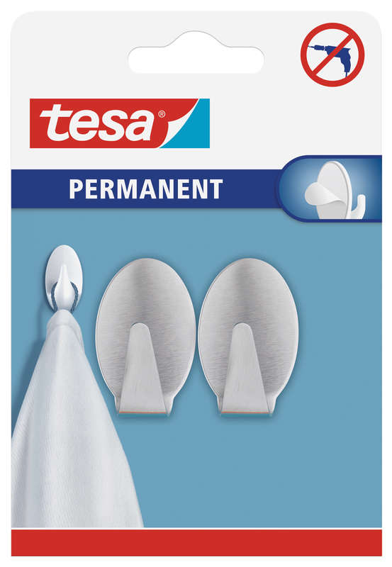 Tesa Tesa Permanent Hooks Oval L Metal 2 Hooks Stainless Steel
