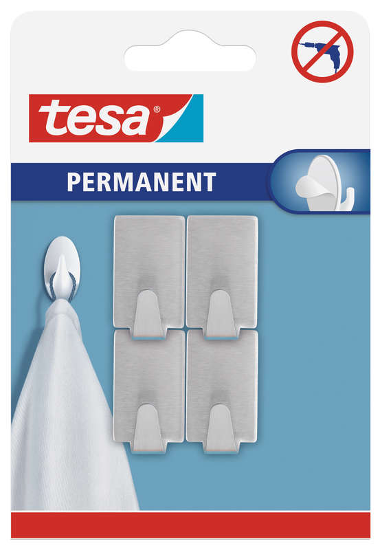 Tesa Tesa Permanent Hooks Rectangular S Metal 3 Hooks Stainless Steel