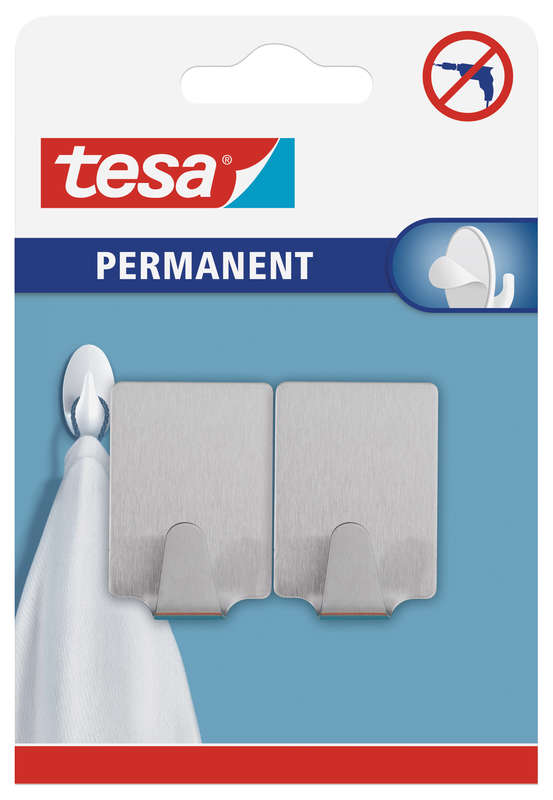 Tesa Tesa Permanent Hooks Rectangular L Metal 2 Hooks Stainless Steel