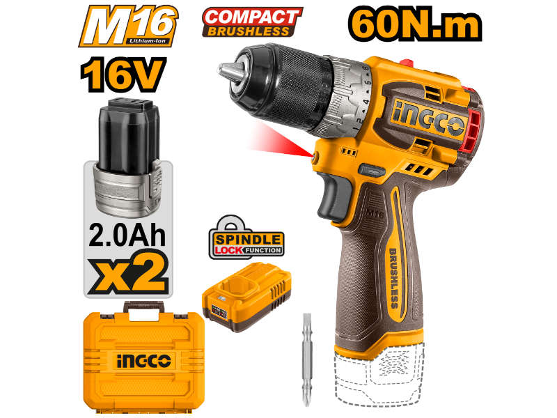 Ingco 16v Ps+c/l Drill B/l 60nm 2xbat 1xch