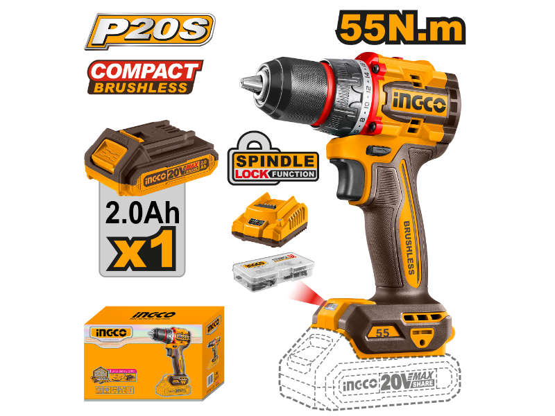 Ingco 20v Ps+ C/l B/l Drill 55nm 1x2.0 Ah B/c Kit Box