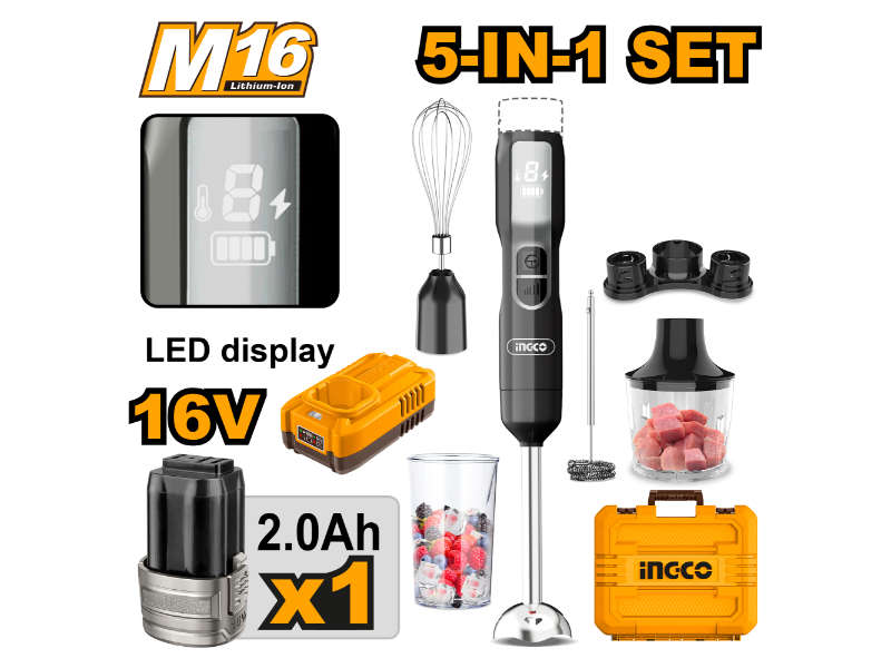 Ingco 16v Ps+c/l Hand Blender 5in1 100w + Acc Kit
