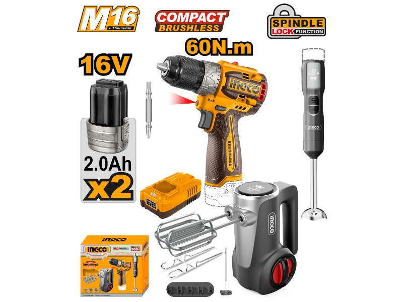 Ingco 16v Ps+ C/l Drill/x2 Home Combo 3pcs Kit
