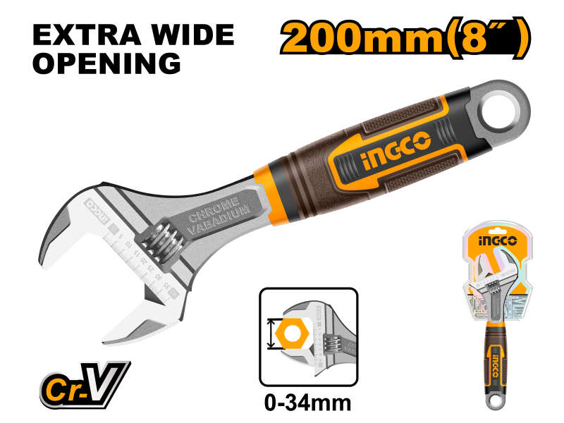 Ingco Wrench Adjust 200mm S/grip Crv