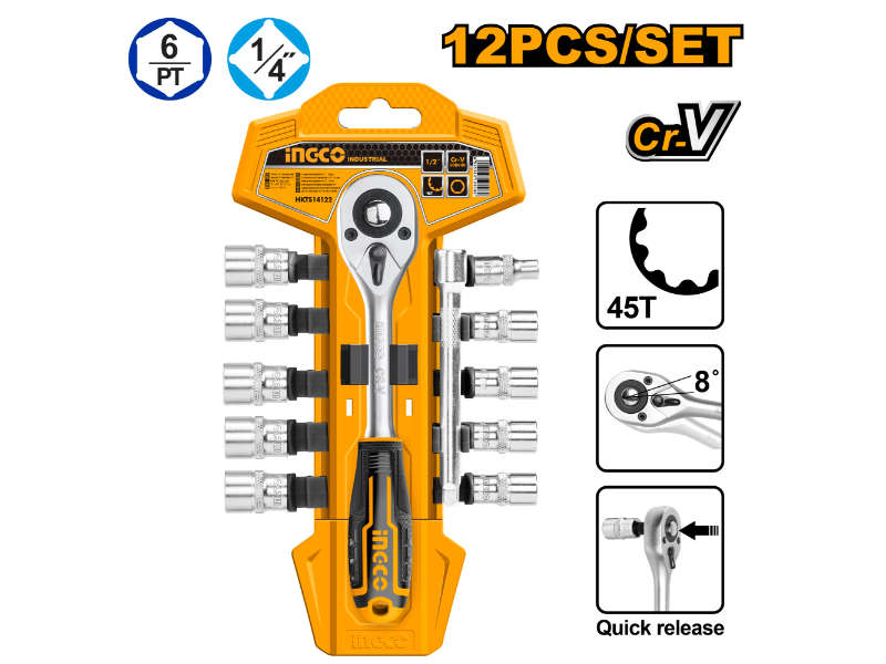 Ingco Socket Set 1/4 5-14mm Hanger 12pc