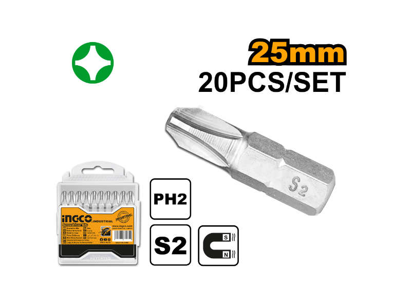 Ingco S/driver Bit Ph2x25mm 20pc